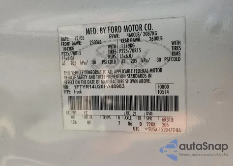 2006 Ford Ranger Super Cab из США, поврежденный, VIN 1FTYR14U26PA48983